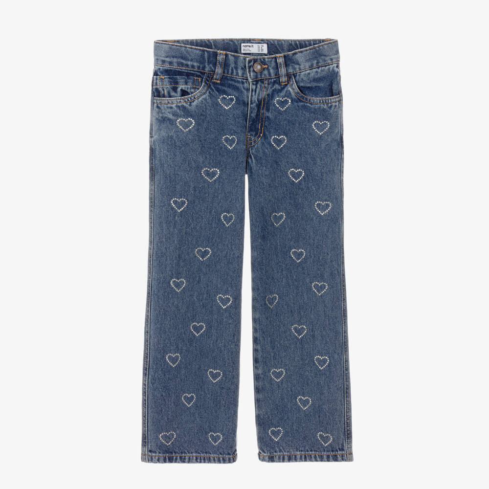 NAME IT-Girls Blue Denim Jeans with Diamanté Hearts | Childrensalon
