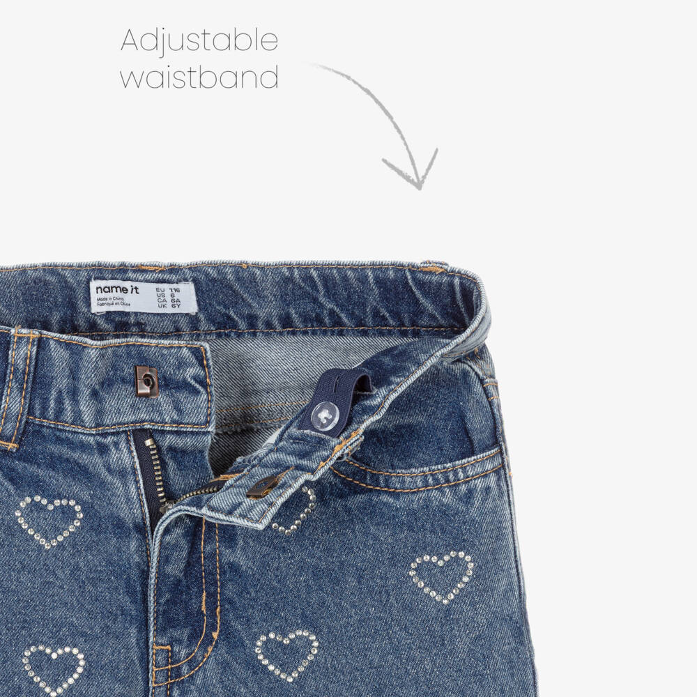 NAME IT-Girls Blue Denim Jeans with Diamanté Hearts | Childrensalon