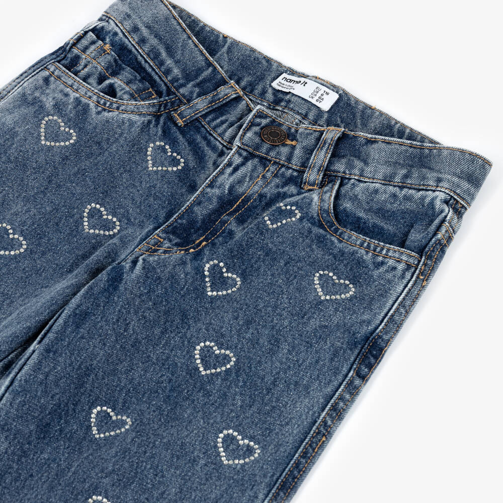 NAME IT-Girls Blue Denim Jeans with Diamanté Hearts | Childrensalon