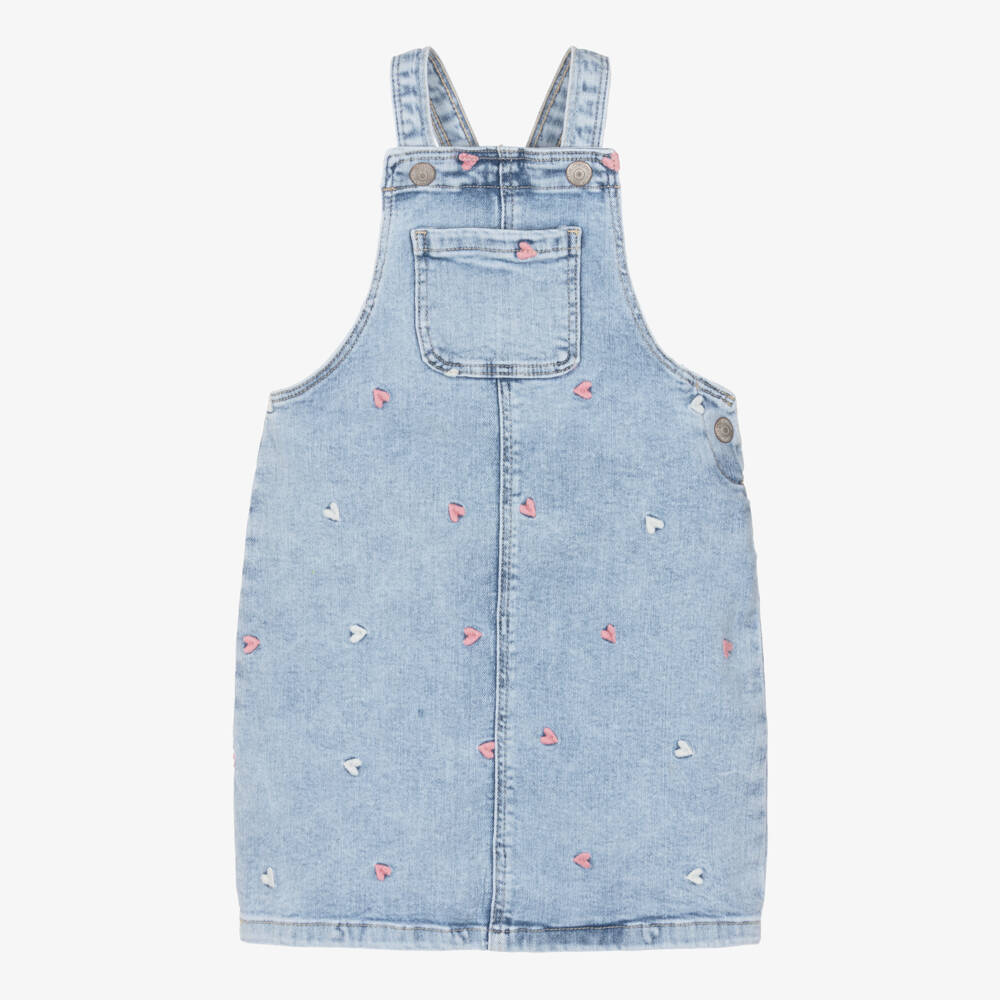 NAME IT-Girls Blue Denim Pinafore Dress with Embroidered Hearts | Childrensalon