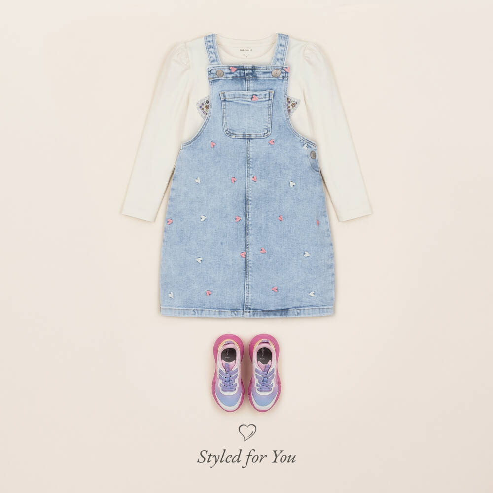 NAME IT-Сарафан голубой из денима с вышитыми сердцами для девочек | Childrensalon