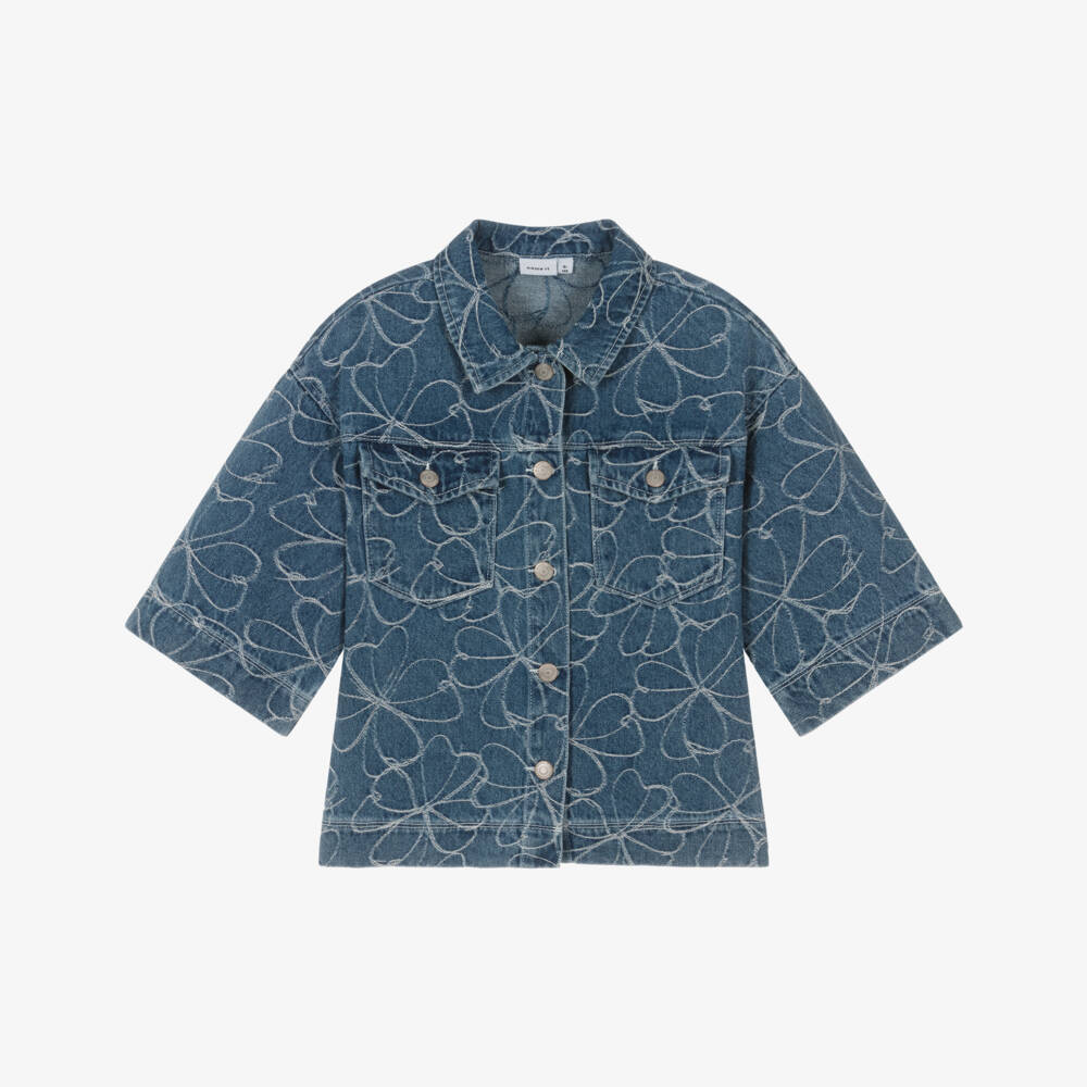 NAME IT-Girls Blue Floral Denim Shirt | Childrensalon