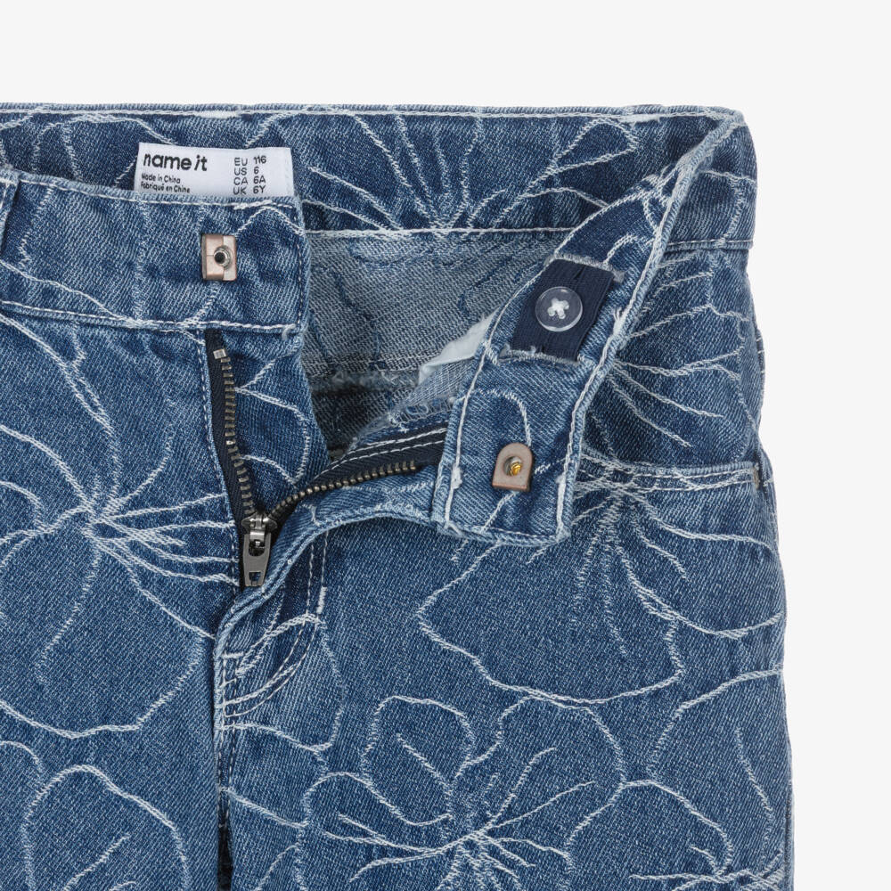 NAME IT-Girls Blue Floral Denim Wide Leg Jeans | Childrensalon