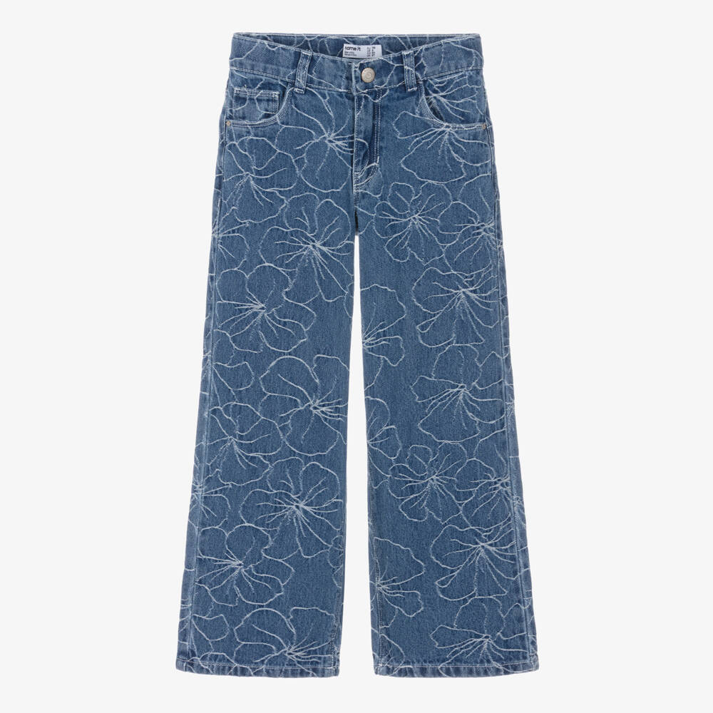 NAME IT-Girls Blue Floral Denim Wide Leg Jeans | Childrensalon
