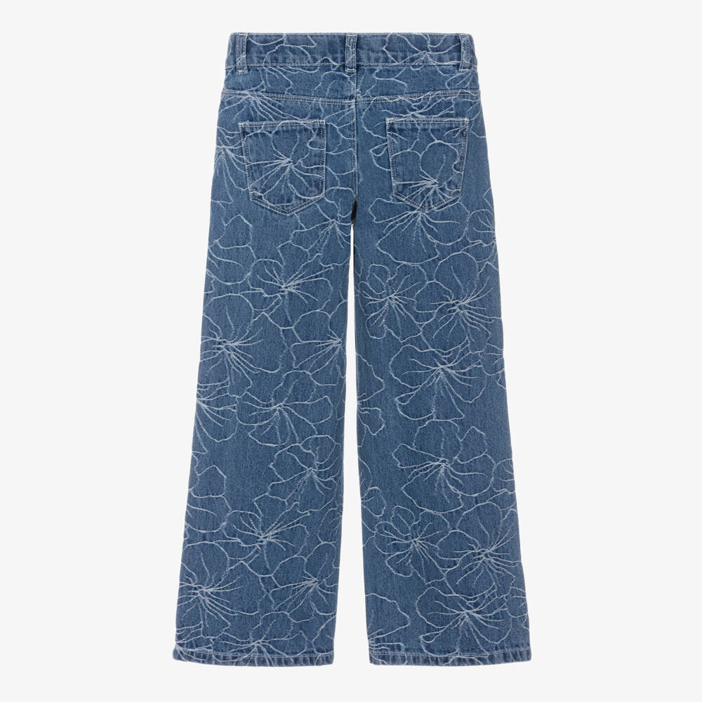 NAME IT-Girls Blue Floral Denim Wide Leg Jeans | Childrensalon