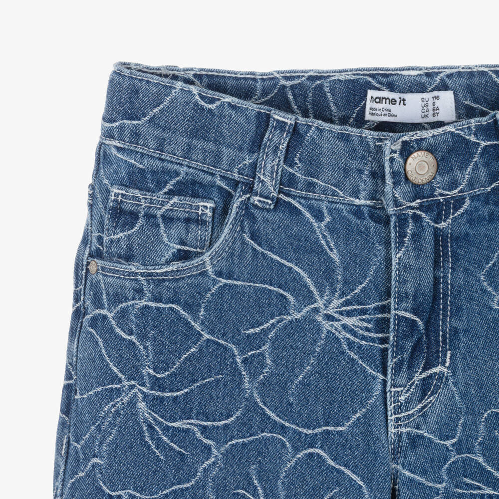 NAME IT-Girls Blue Floral Denim Wide Leg Jeans | Childrensalon