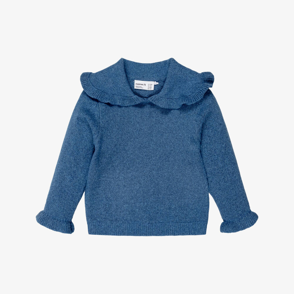 NAME IT-Girls Blue Knit Sweater with Ruffle Collar | Childrensalon