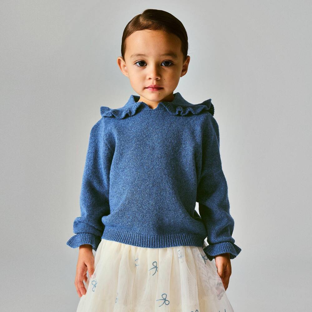 NAME IT-Girls Blue Knit Sweater with Ruffle Collar | Childrensalon
