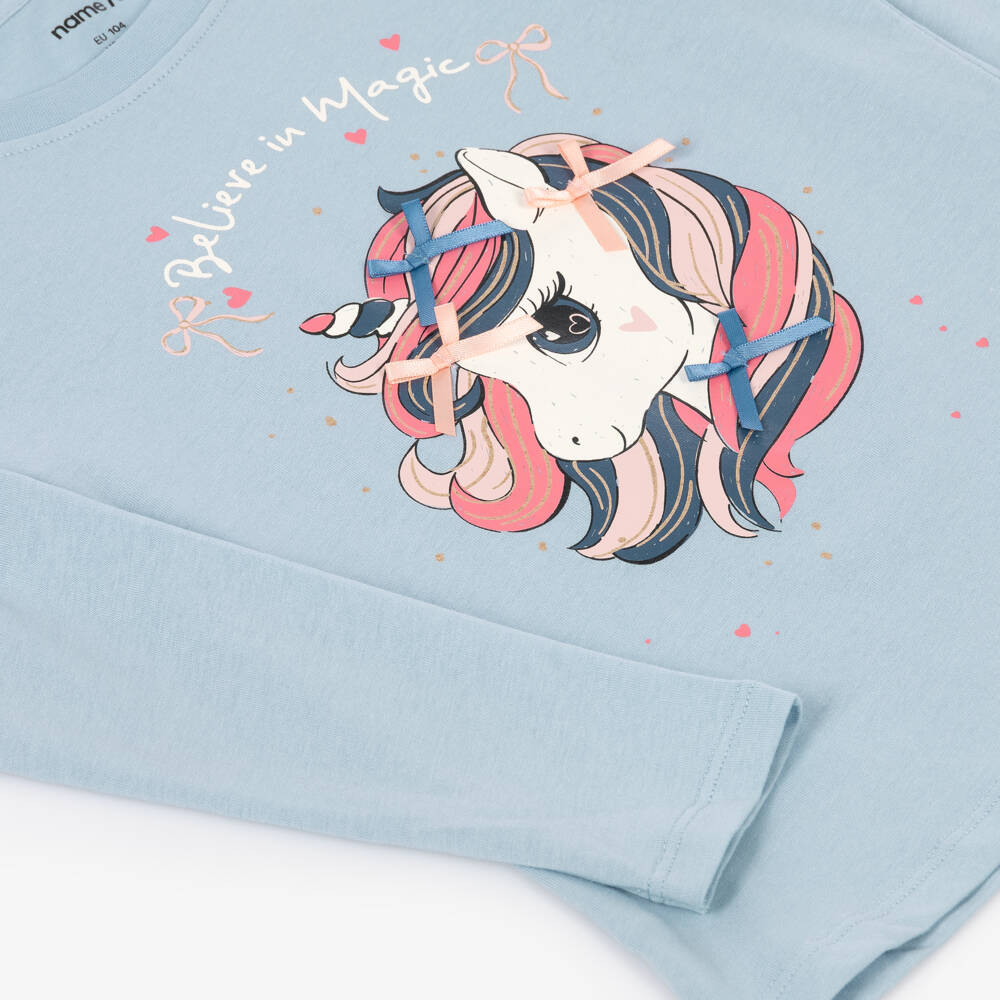 NAME IT-Girls Blue Long Sleeve Top with Unicorn Print | Childrensalon