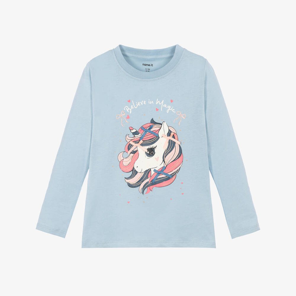 NAME IT-Girls Blue Long Sleeve Top with Unicorn Print | Childrensalon
