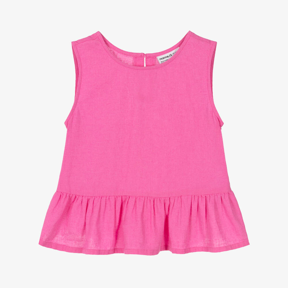 NAME IT-Girls Bright Pink Cotton & Linen Blouse | Childrensalon