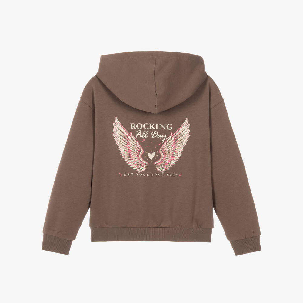 NAME IT-Girls Brown Cotton Hoodie with Glittery Wings Print | Childrensalon