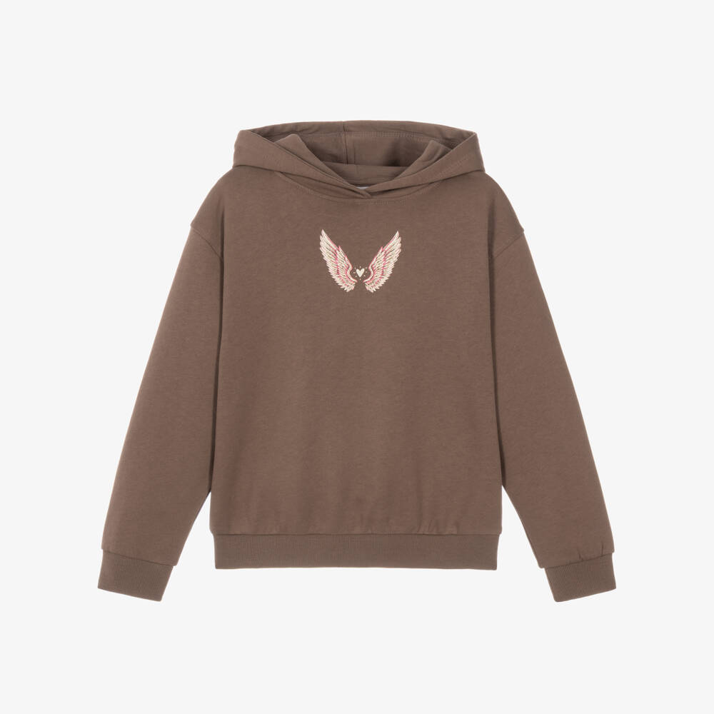 NAME IT-Girls Brown Cotton Hoodie with Glittery Wings Print | Childrensalon