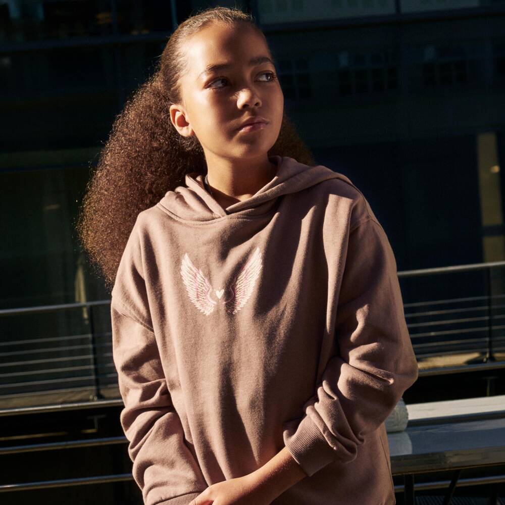 NAME IT-Girls Brown Cotton Hoodie with Glittery Wings Print | Childrensalon