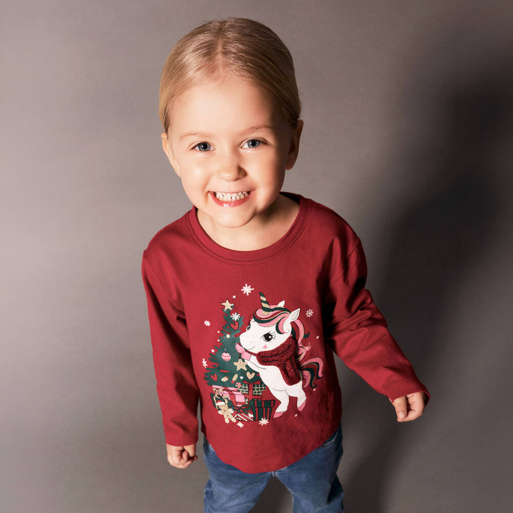 NAME IT-Girls Burgundy Red Christmas Unicorn Top | Childrensalon