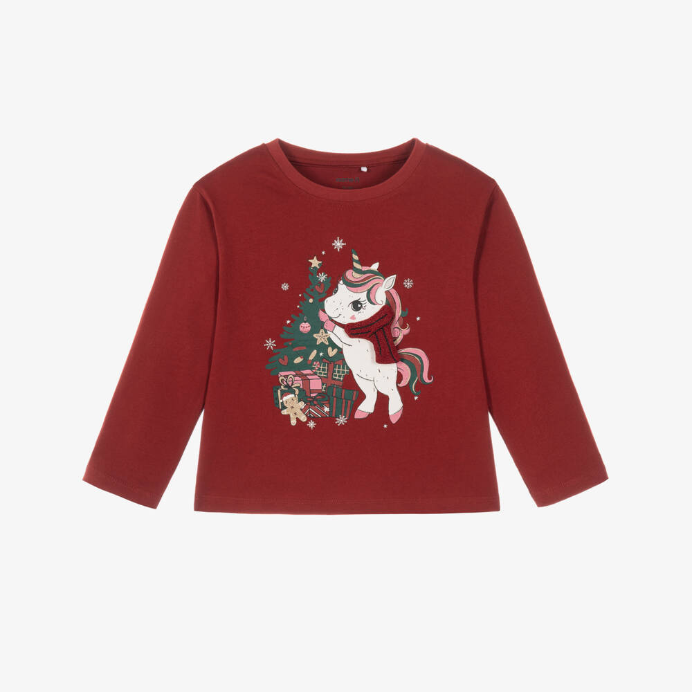 NAME IT-Girls Burgundy Red Christmas Unicorn Top | Childrensalon