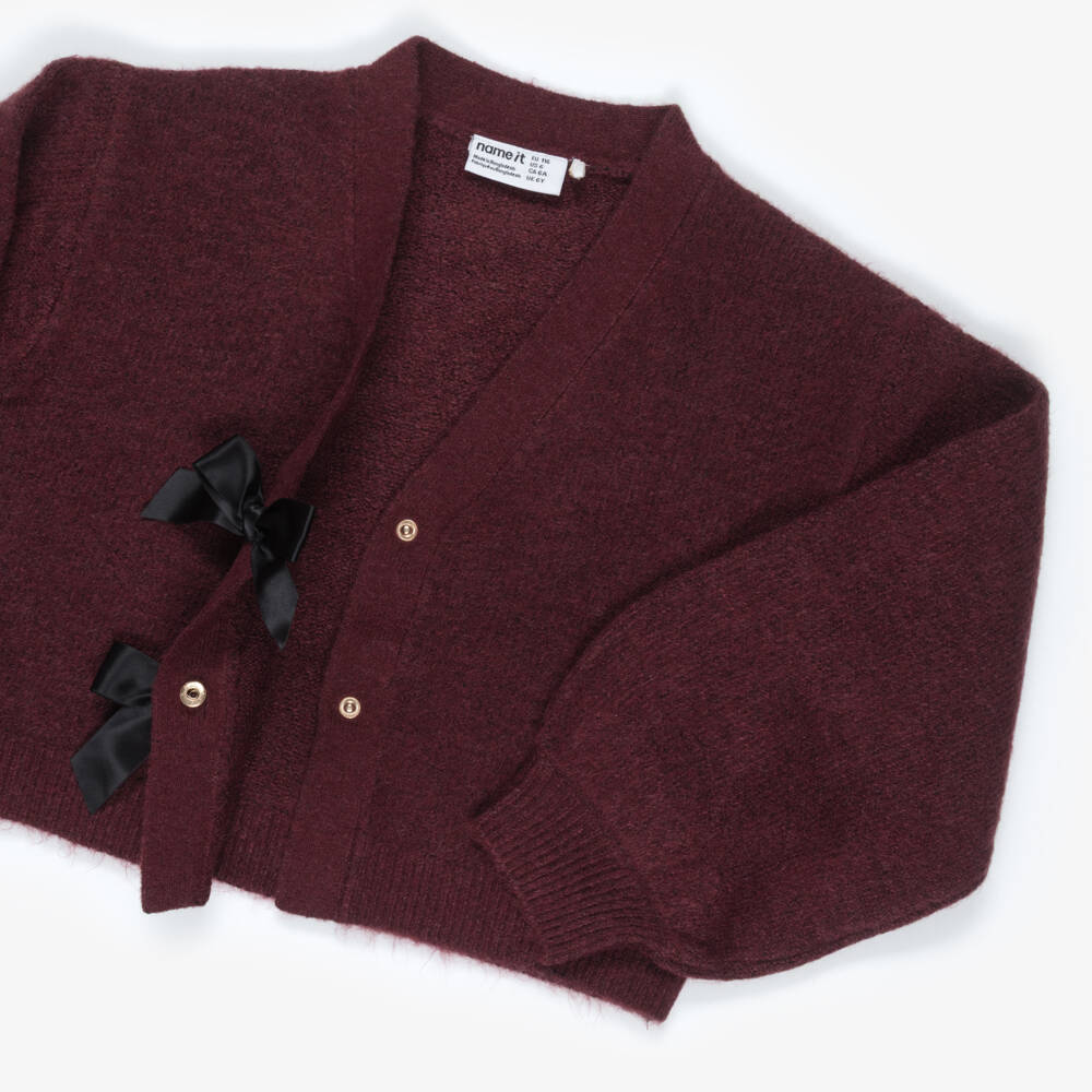 NAME IT-Girls Burgundy Red Knitted Cardigan with Black Satin Bows | Childrensalon