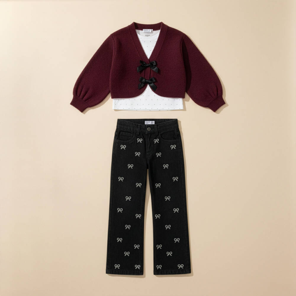 NAME IT-Girls Burgundy Red Knitted Cardigan with Black Satin Bows | Childrensalon