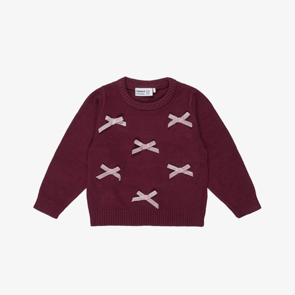 NAME IT-Girls Burgundy Red Knitted Sweater with Pink Velvet Bows | Childrensalon