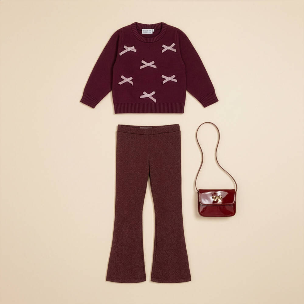 NAME IT-Girls Burgundy Red Knitted Sweater with Pink Velvet Bows | Childrensalon