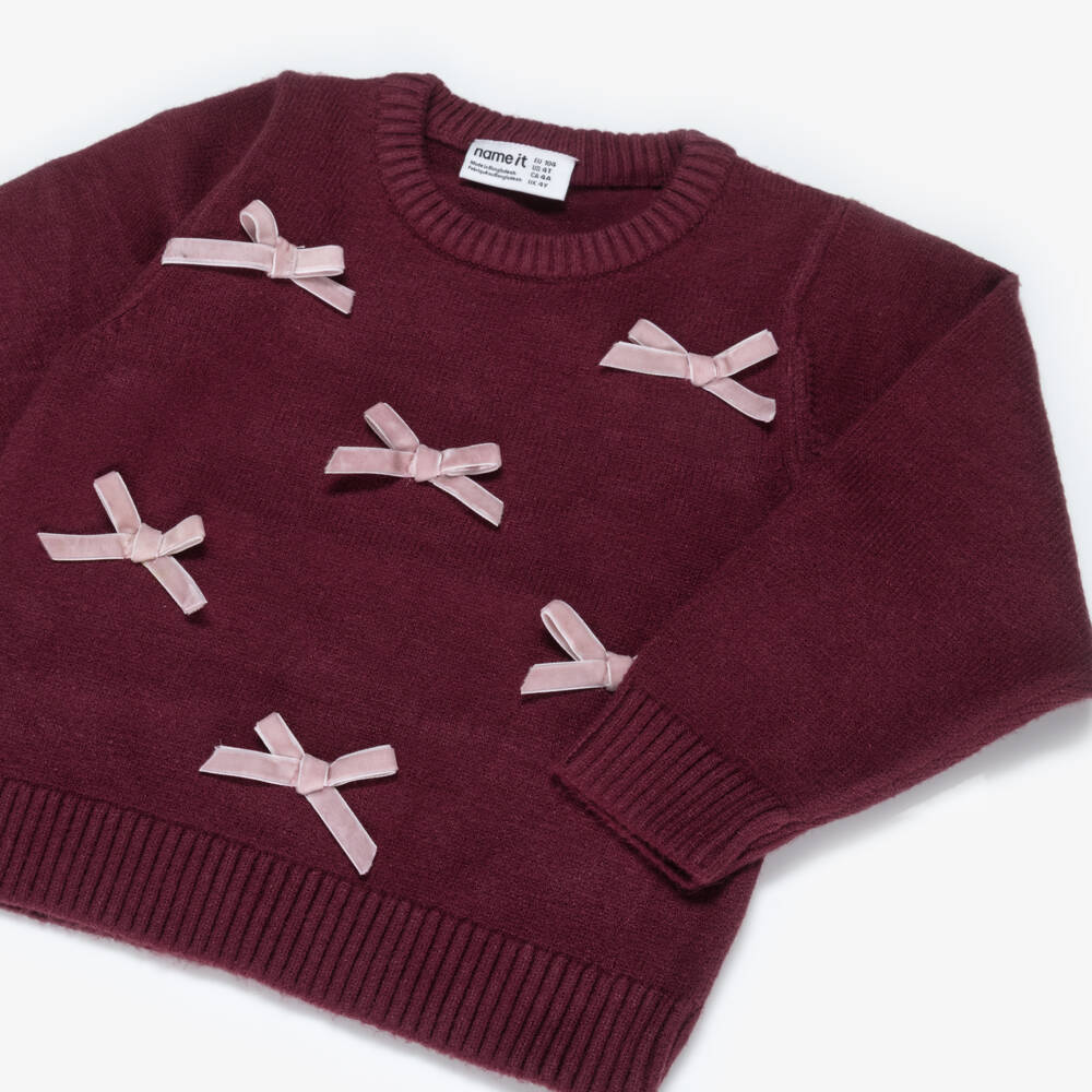NAME IT-Girls Burgundy Red Knitted Sweater with Pink Velvet Bows | Childrensalon