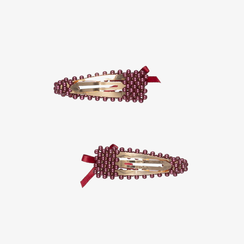 NAME IT-Girls Burgundy Red Pearl Bead Hair Clips (2 Pack) | Childrensalon