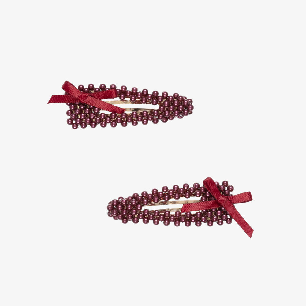 NAME IT-Girls Burgundy Red Pearl Bead Hair Clips (2 Pack) | Childrensalon