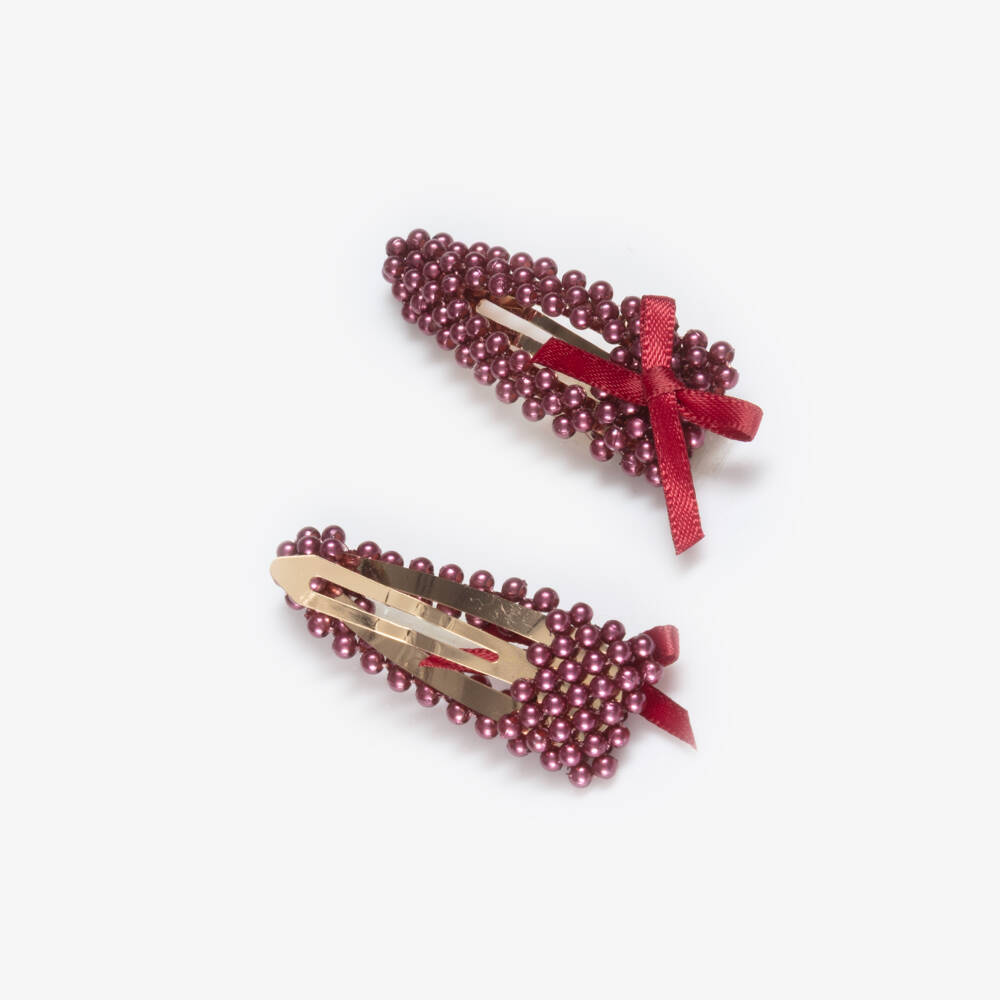 NAME IT-Girls Burgundy Red Pearl Bead Hair Clips (2 Pack) | Childrensalon