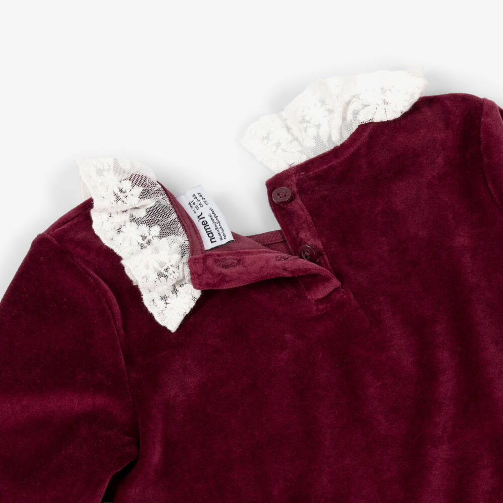 NAME IT-Girls Burgundy Red Velour Dress with Lace Collar | Childrensalon