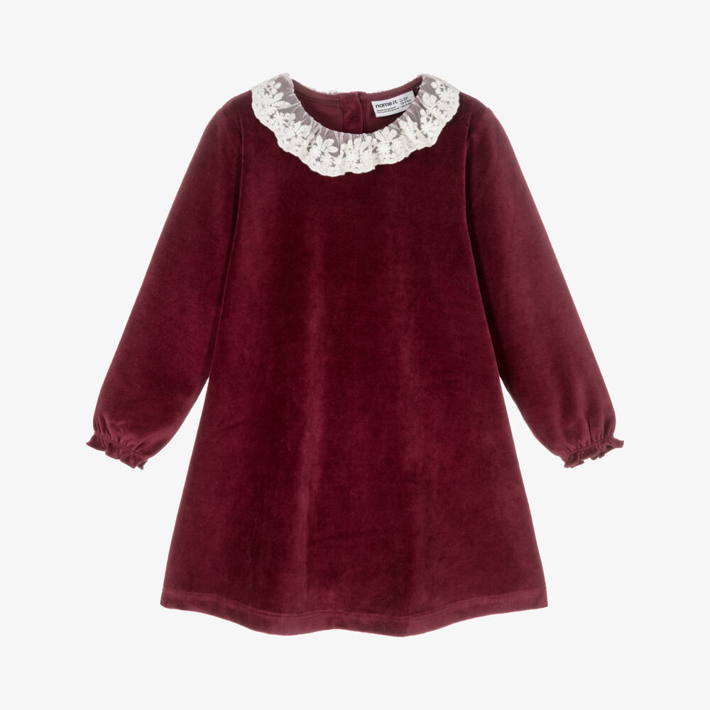 NAME IT-Girls Burgundy Red Velour Dress with Lace Collar | Childrensalon
