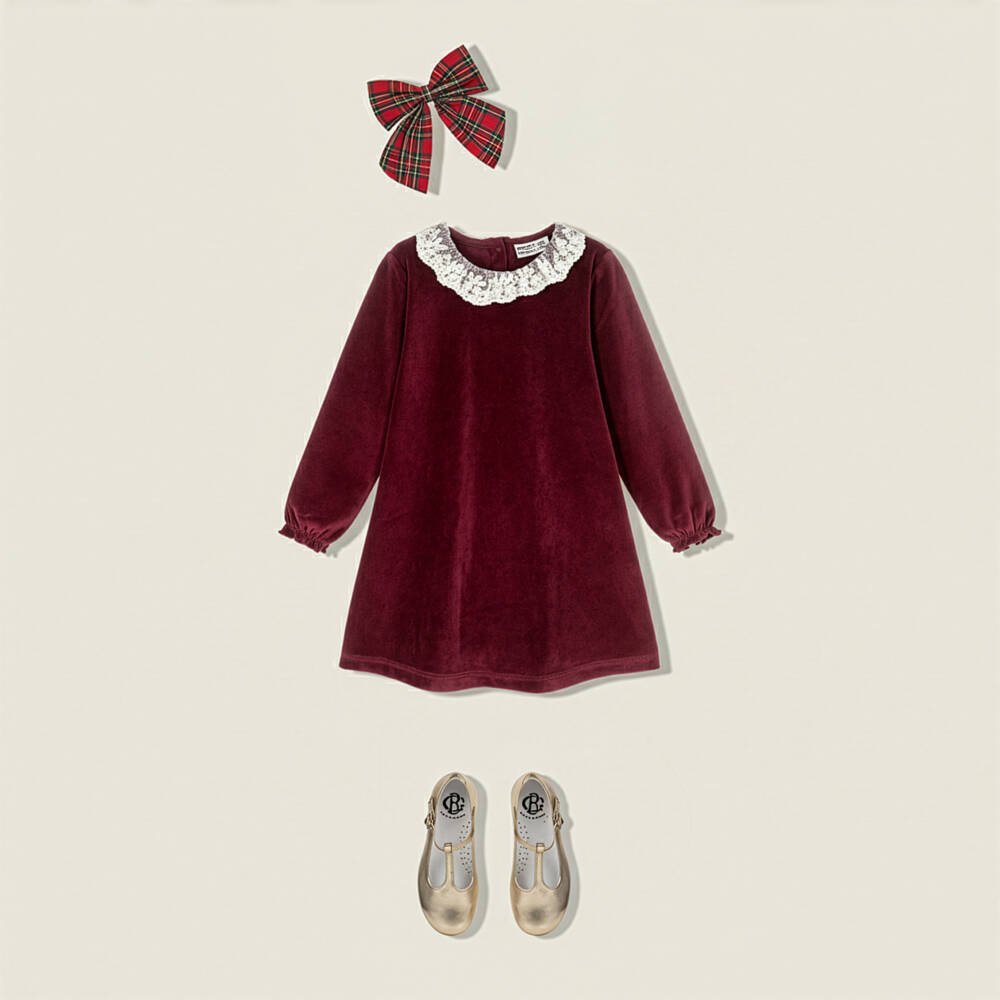NAME IT-Girls Burgundy Red Velour Dress with Lace Collar | Childrensalon