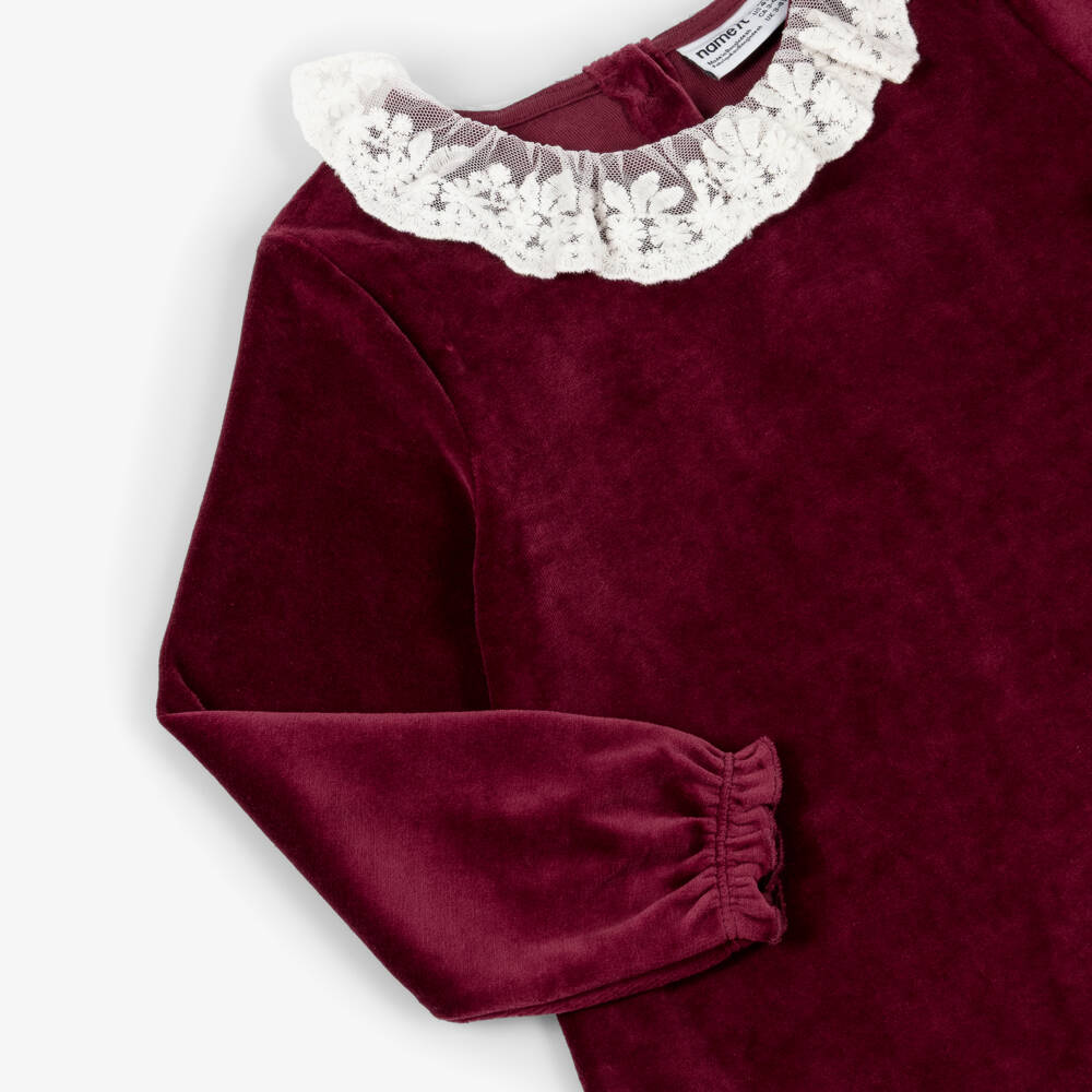 NAME IT-Girls Burgundy Red Velour Dress with Lace Collar | Childrensalon