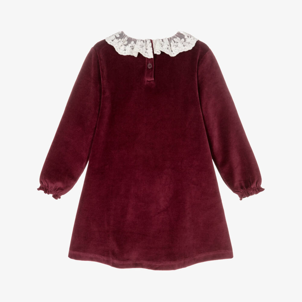 NAME IT-Girls Burgundy Red Velour Dress with Lace Collar | Childrensalon