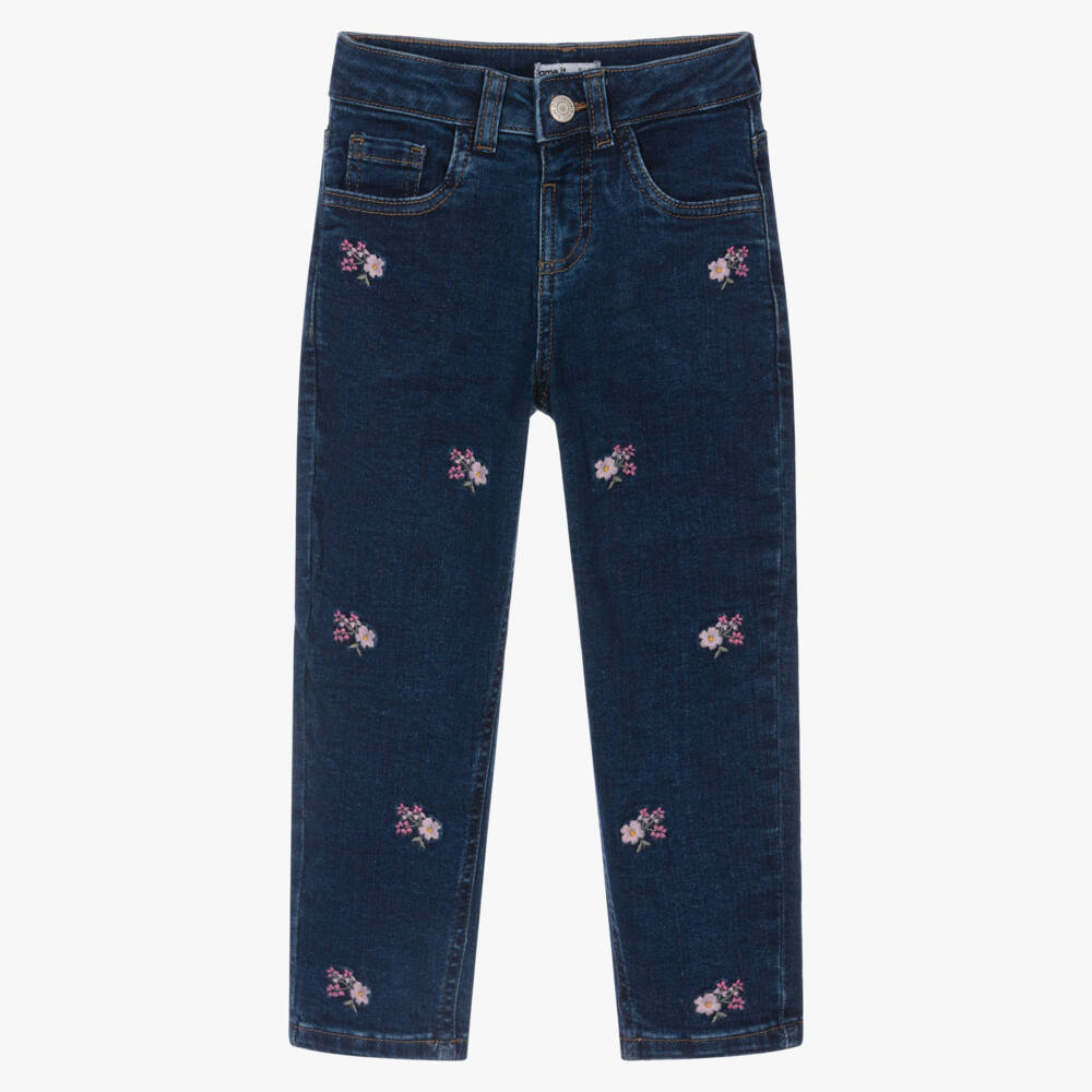 NAME IT-Girls Dark Blue Denim Jeans with Embroidered Flowers | Childrensalon