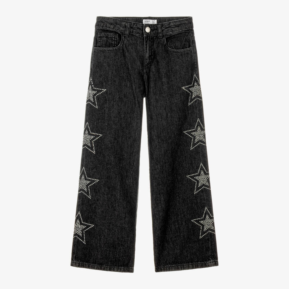 NAME IT-Girls Dark Grey Wide Leg Jeans with Sparkly Stars | Childrensalon