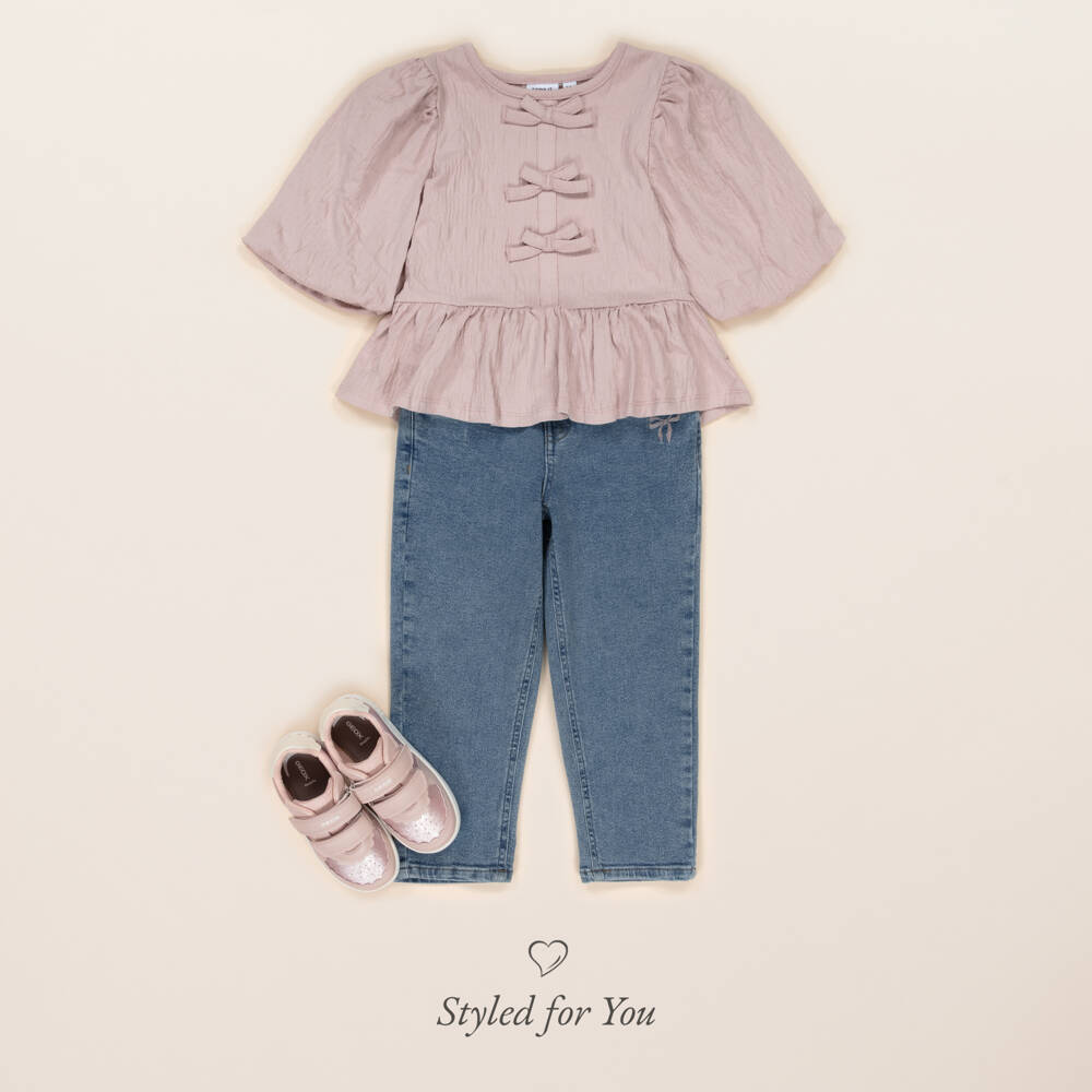 NAME IT-بلوزة بفيونكات قطن عضوي لون زهري داكن للبنات | Childrensalon