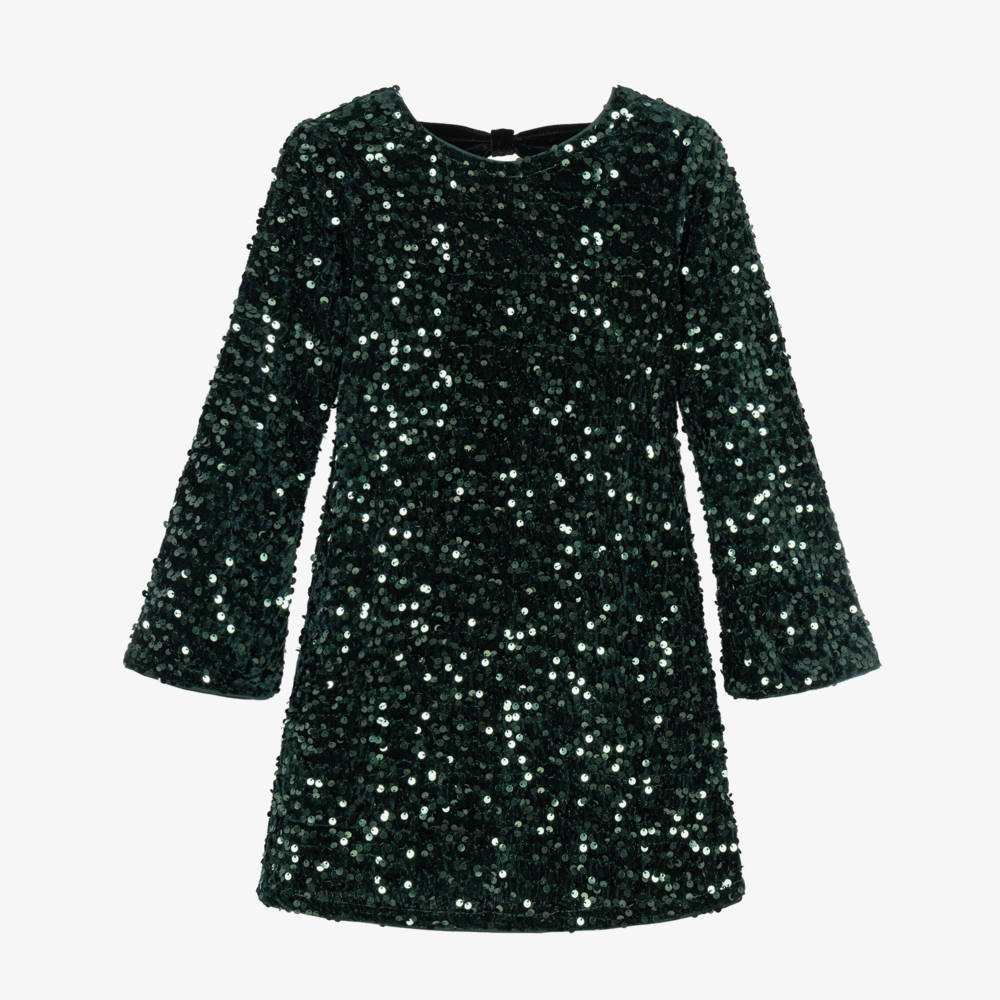 NAME IT-Girls Emerald Green Sequinned Dress with Bows | Childrensalon