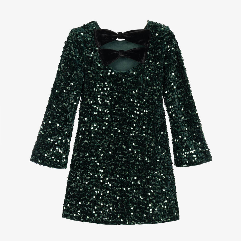 NAME IT-Girls Emerald Green Sequinned Dress with Bows | Childrensalon