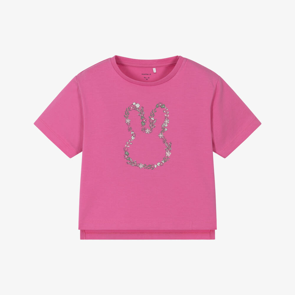 NAME IT-Girls Fuchsia Pink Organic Cotton Floral Rabbit T-Shirt | Childrensalon