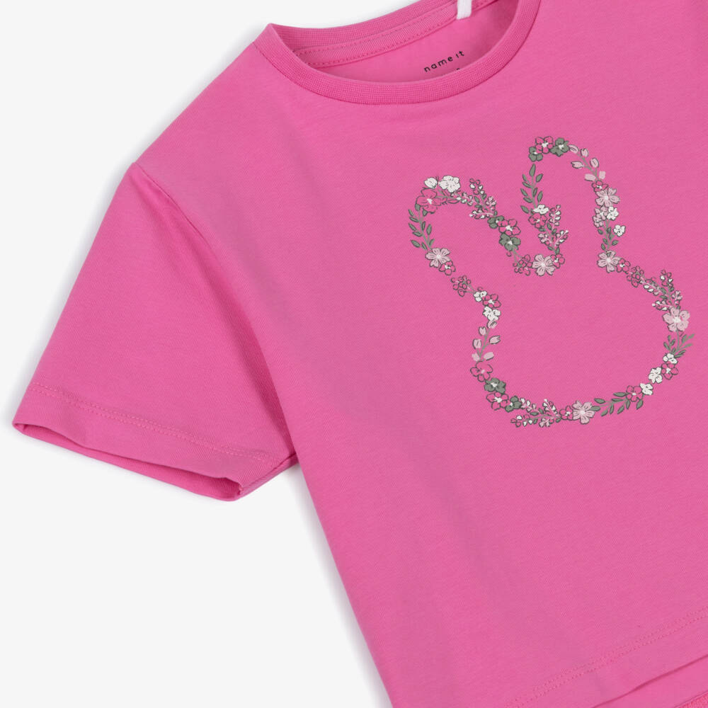 NAME IT-Girls Fuchsia Pink Organic Cotton Floral Rabbit T-Shirt | Childrensalon