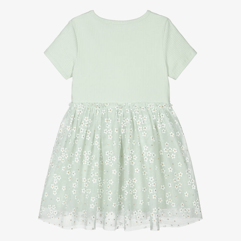 NAME IT-Girls Green Organic Cotton Jersey & Daisy Tulle Dress | Childrensalon