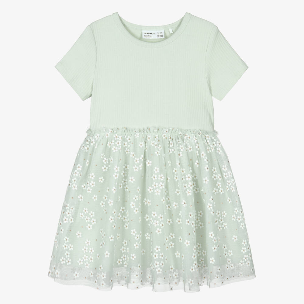 NAME IT-Girls Green Organic Cotton Jersey & Daisy Tulle Dress | Childrensalon