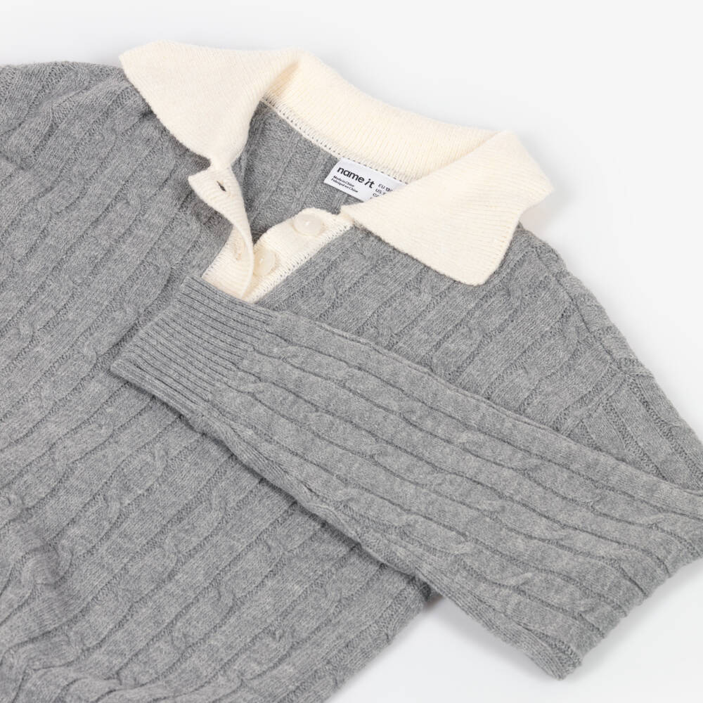NAME IT-Girls Grey Cable Knit Sweater with Ivory Collar | Childrensalon