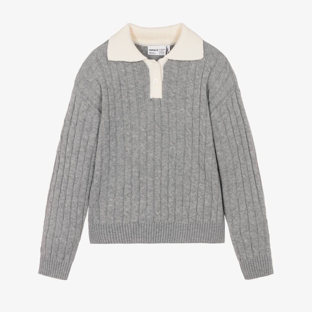NAME IT-Girls Grey Cable Knit Sweater with Ivory Collar | Childrensalon