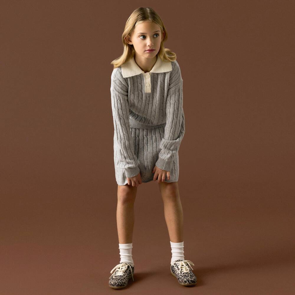 NAME IT-Girls Grey Cable Knit Sweater with Ivory Collar | Childrensalon