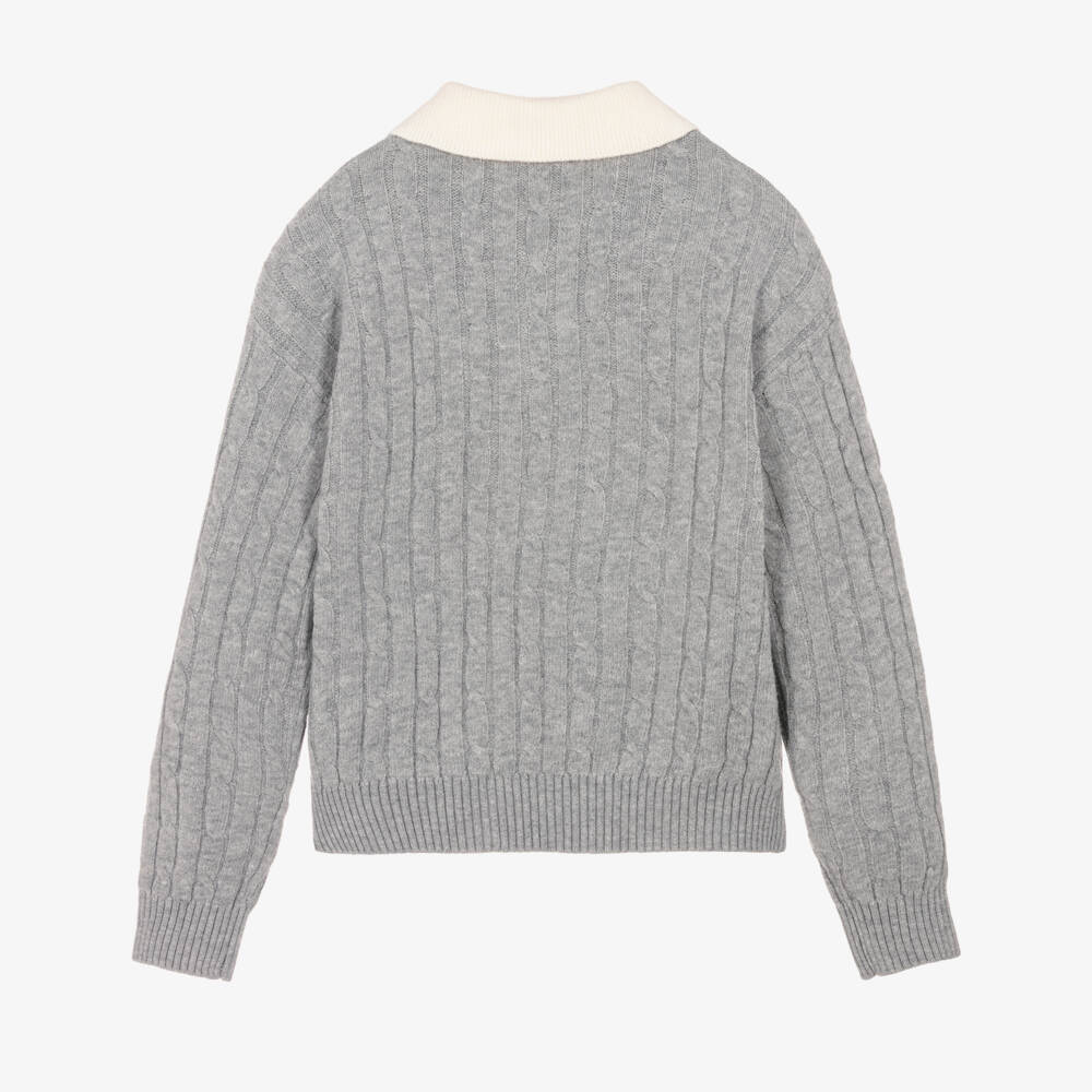 NAME IT-Girls Grey Cable Knit Sweater with Ivory Collar | Childrensalon
