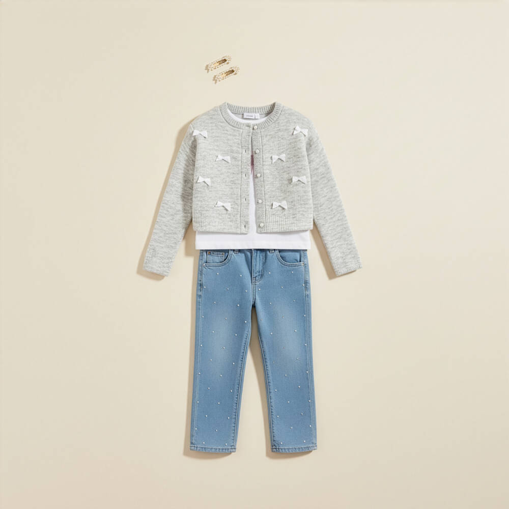 NAME IT-Girls Grey Marl Knitted Cardigan with Satin Bows | Childrensalon