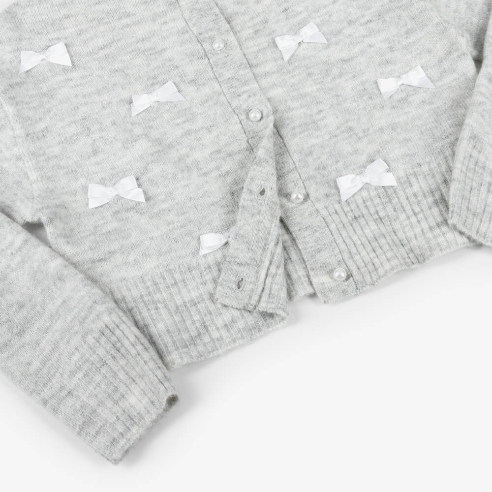 NAME IT-Girls Grey Marl Knitted Cardigan with Satin Bows | Childrensalon