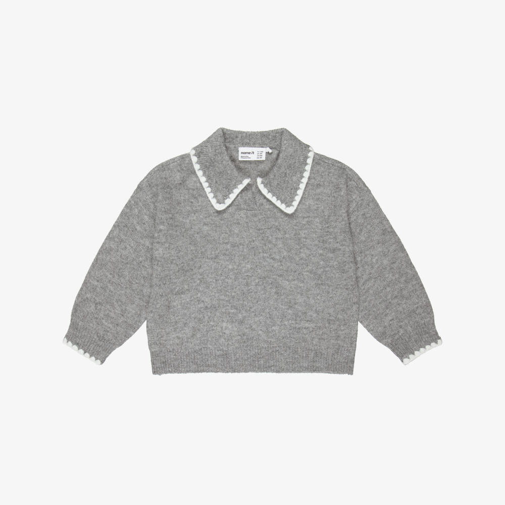 NAME IT-Girls Grey Marl Polo Style Sweater | Childrensalon