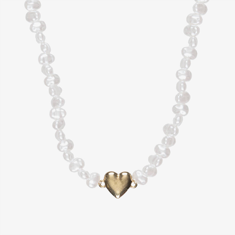 NAME IT-Girls Ivory Beaded Necklace with Gold Heart (43cm) | Childrensalon